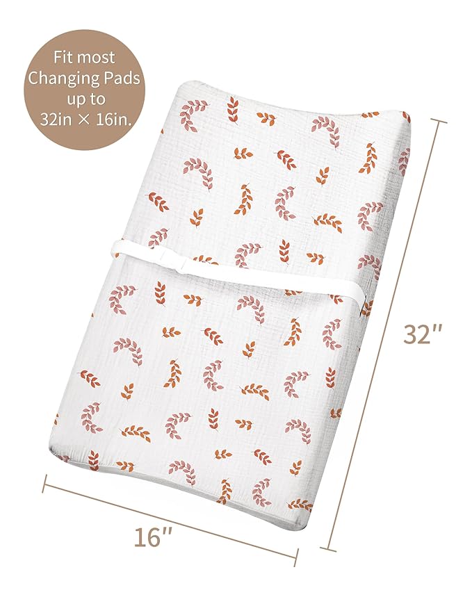 Changing Pad Cover for Baby Girls Boys, Muslin Changing Table Pad Covers with Boho Style, Neutral Color Soft and Breathable (Leaf)