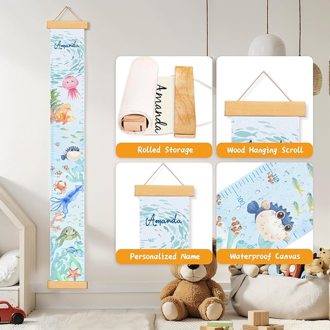 Personalized Name Growth Chart Wall Decor for Kids – Canvas Removable Height Chart Measuring Ruler 59" x 7.9" (Paint Marine Animals)