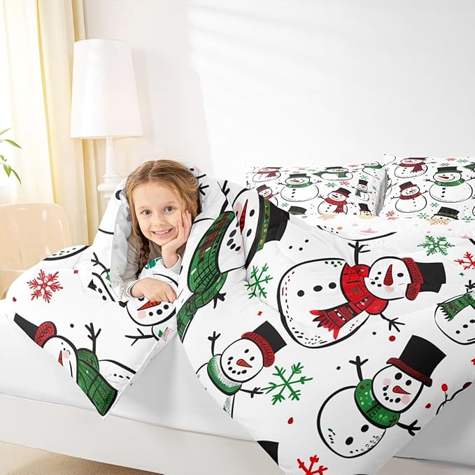 Feelyou Christmas Comforter Set All Season Snowman Bedding Set with 2 Pillow Cases Snowflake Microfiber Kids Queen Bedclothes Bedroom Decor Duvet Quilt Breathable Soft Lightweight