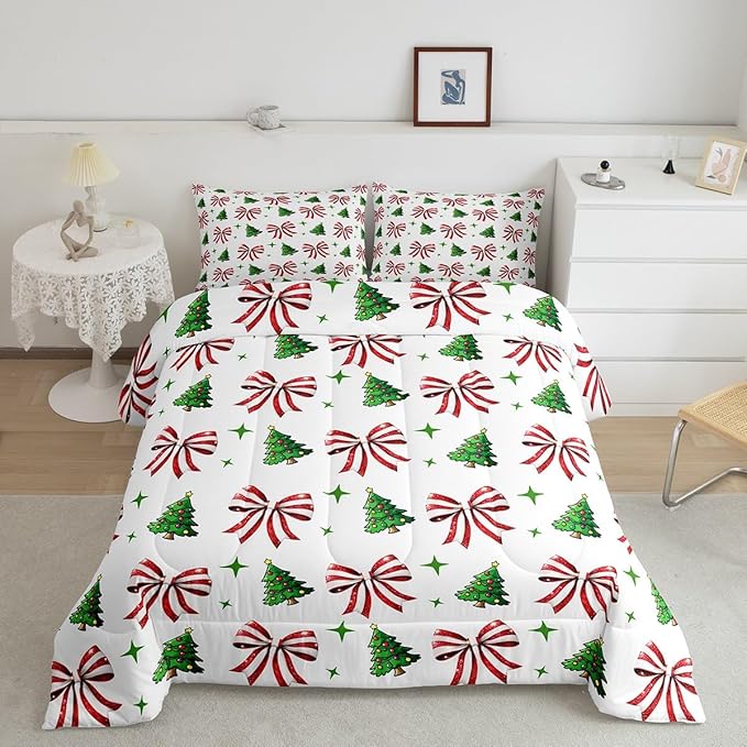 Manfei Merry Christmas Comforter Set King Size, Red Bow Green Tree Bedding Set 3pcs, New Year Theme Down Comforter for All Season, Kids Girls Room Decor, Lightweight Duvet Insert, 2 Pillowcases