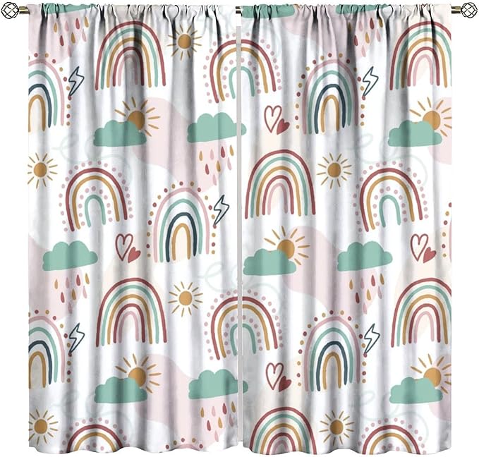 Kids Rainbow Curtains Boho Cartoon Colorful Stars Love Heart Lovely Abstract Art Pattern Print Window Drapes for Girl Bedroom Living Room Kitchen Decor,2 Panel Set,52Wx84H Inch Blackout