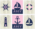 Andaz Press Girls Ocean Nautical Sailor Theme Nursery Kids Bedroom Hanging Wall Art Decor, 8.5x11-inch, Pink Navy Blue, Ahoy, Boat, Anchor, Lighthouse, 6-Pack, Unframed Room Poster