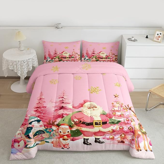 jejeloiu Merry Christmas Comforter Set Queen Size Santa Claus Bedding Set for Kids Boys Girls Cute Deer Duvet Quilt Pink Bedroom Decor