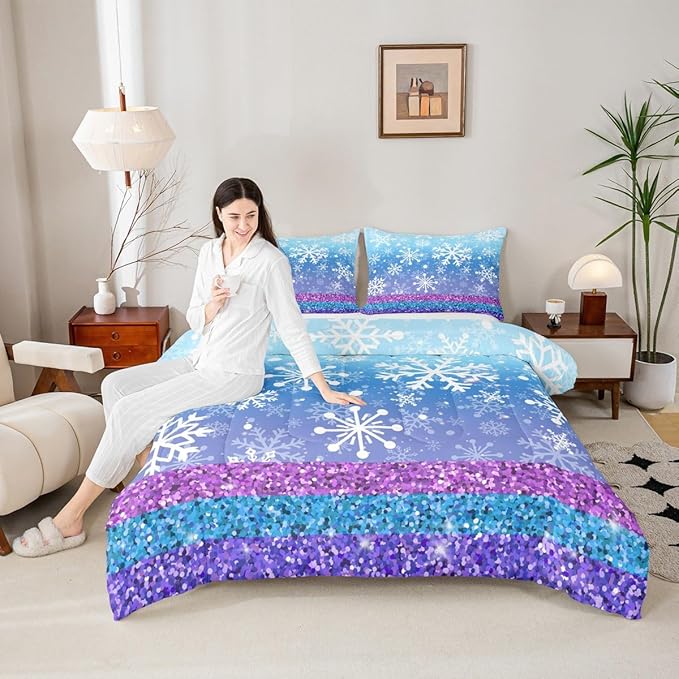 Feelyou Winter Snowflake Comforter Set All Season Glitter Print Bedding Set with 1 Pillow Cases Christmas Microfiber Kids Twin Bedclothes Holiday New Year Bedroom Decor Duvet Quilt Soft Lightweight