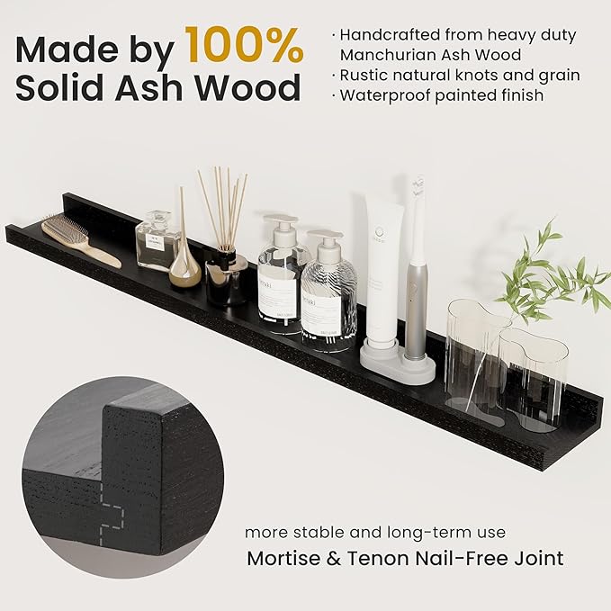 Solid Ash Wood Floating Shelves, Wood Picture Ledge Shelf Set of 2, 48 Inch Long Large Photo Ledge Shelves, Nursery Book Shelves Wall Mounted for Living Room Kids' Bedroom Decor, Black