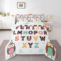 Feelyou Alphabet Kids ABC Learning Comforter Set King Size Cartoon Owls Bedding Set for Kids Boys Girls Educational Nursery Art Duvet Quilt Wildlife Bedroom Decor Microfiber 3 Pcs with 2 Pillow Cases