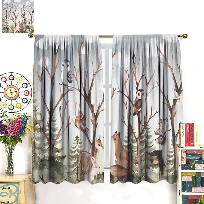Forest Curtains, Cartoon Woodland Animals Tree Birds Moose Rabbit Mushroom Print Pattern Kids Bedroom Window Treatments Curtains 63x72in