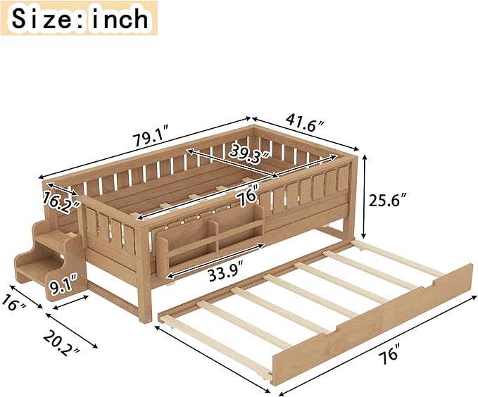 Bellemave Twin Bed with Trundle Twin and Stairs, Twin Size Platform Bed Frame with Fence and Bookshelf, Easy Assemble Beds for Kids, Girls, Boys, Natural