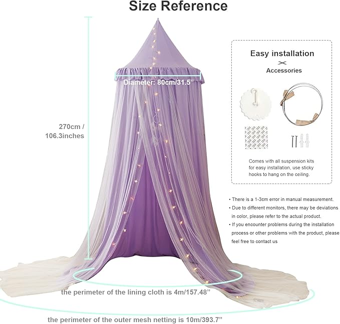 Bed Canopy for Girls, Double Layer Dome Mosquito Net Princess Canopy for Girls Bed Room Decor Reading Nook (Purple)