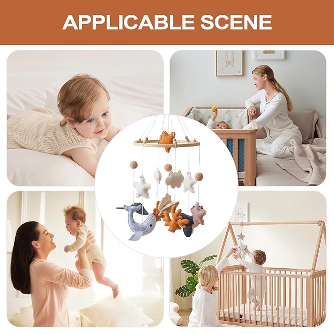 Baby Crib Mobile - Cartoon Toys Hangable Marine Animal Decoration for Nursery, Durable Soft Design with Rotating Bell, Baby Bed Ornament for Bassinet, Boys, Girls, Bedroom, Crib, 12x12x8 Inches