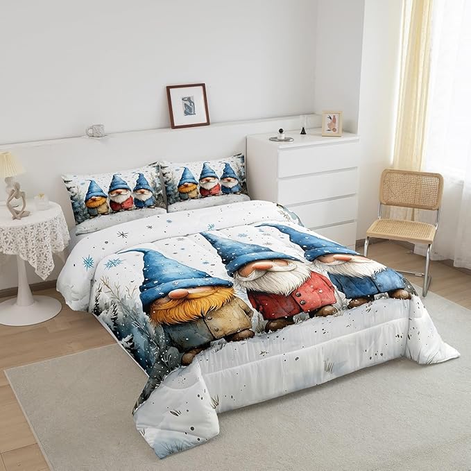 Manfei Cartoon Gnome Kids Comforter Set King Size,Christmas Winter Snowflake Retro Bedding Set,Boys Girls Room Decor,Jungle Pine Trees Rustic Down Comforter,Blue White Duvet Insert,2 Pillowcases