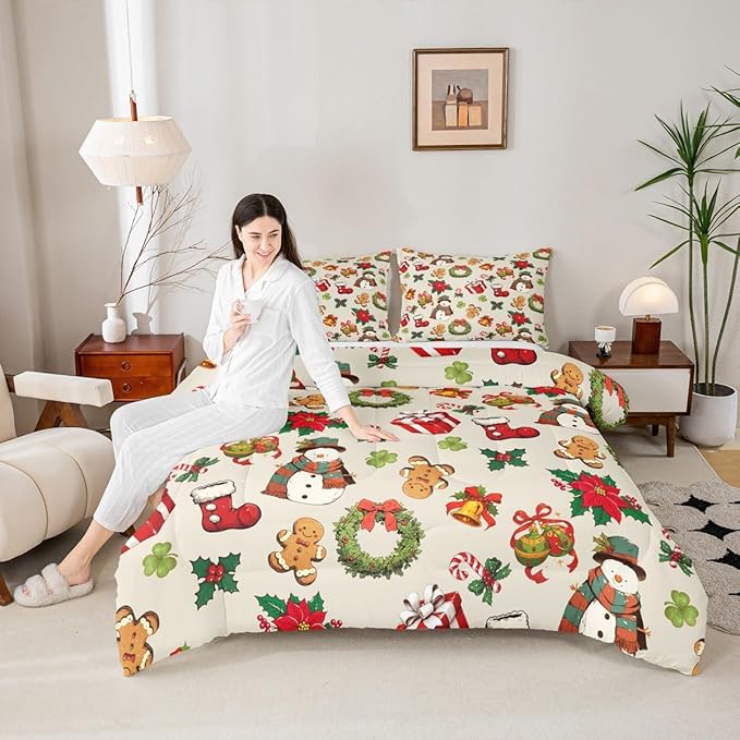 jejeloiu Merry Christmas Comforter Set King Size Cute Snowman Bedding Set for Kids Boys Girls Gingerbread Man Duvet Quilt Beige Bedroom Decor