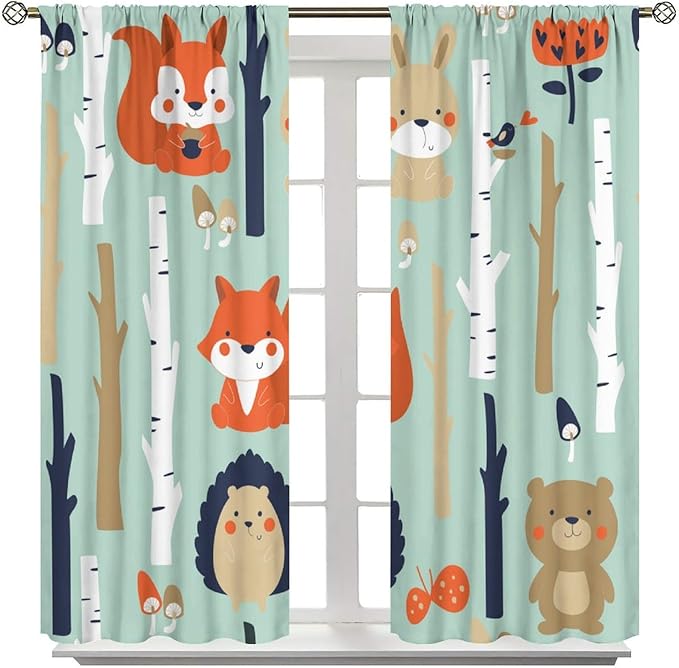 Cute Animals Curtains, Cartoon Fox Hedgehog Hare Forest Trees Blackout Window Treatments, Rod Pocket Thermal Insulated Drapes 2 Panel Sets for Kids Bedroom Nursery Classroom, 52" W X 84" L