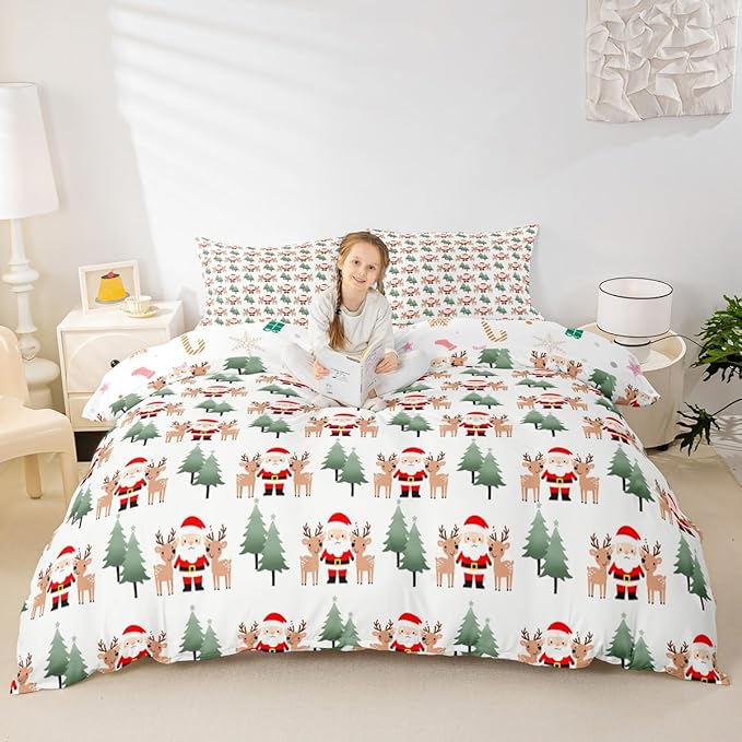 Feelyou Christmas Duvet Cover Cartoon Santa Claus Bedding Set for Kids Boys Girls Teens Room Decor Cute Deer Christmas Tree Comforter Cover Set Xmas Theme Bedspread Cover 3Pcs Zipper King Size