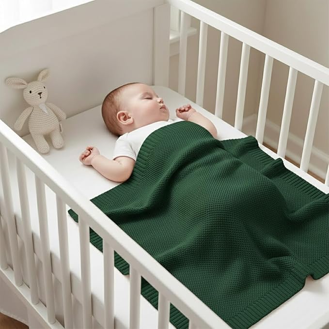 Baby Knit Blanket Soft Cotton Lightweight Newborn Blanket for Crib Stroller Toddler Nursery Shower Gift Cozy Breathable Travel Swaddle Wrap Green 30 x 30 Inches