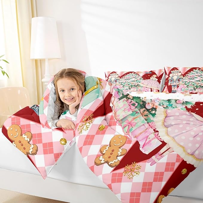 jejeloiu Christmas Nutcracker Comforter Set Toddler Size Gingerbread Man Bedding Set for Kids Boys Girls Xmas Tree Duvet Quilt Red Bedroom Decor
