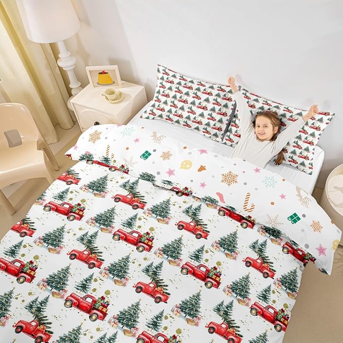 Feelyou Christmas Duvet Cover Boys Christmas Tree Bedding Set for Kids Teens Ultra Soft Cartoon Car Comforter Cover Set Watercolor Xmas Theme Bedspread Cover Room Decor Twin Size Bedclothes Zipper
