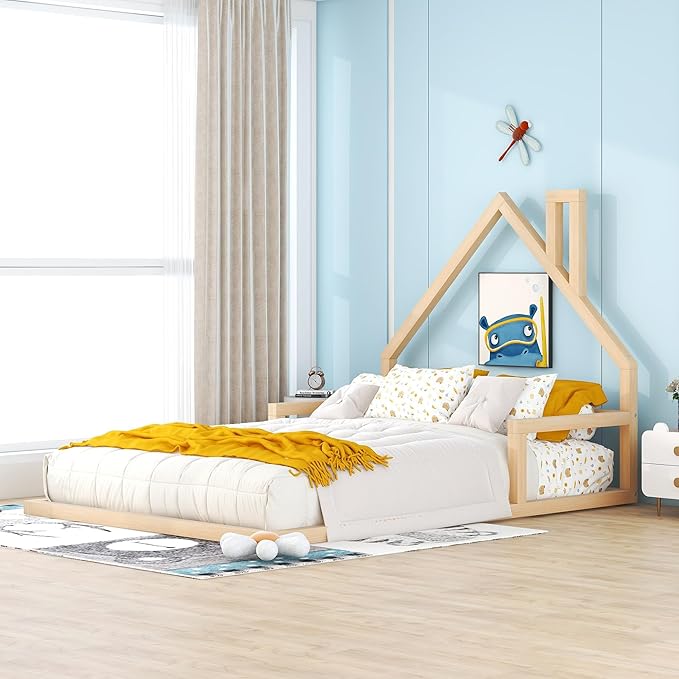 Harper & Bright Designs Full Size House Floor Bed, Montessori Floor Bed for Kids, Solid Wood Low Bed Frame for Bedroom, Playroom, Wooden Slats Support, Natural