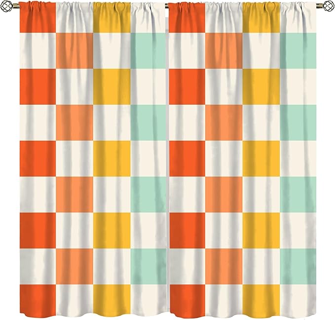 70s Retro Curtains,Cute Green Pink Yellow Checkered Hippie Window Treatments for Kids Girl Bedroom Window 42"" W X 63"" L, Style-7