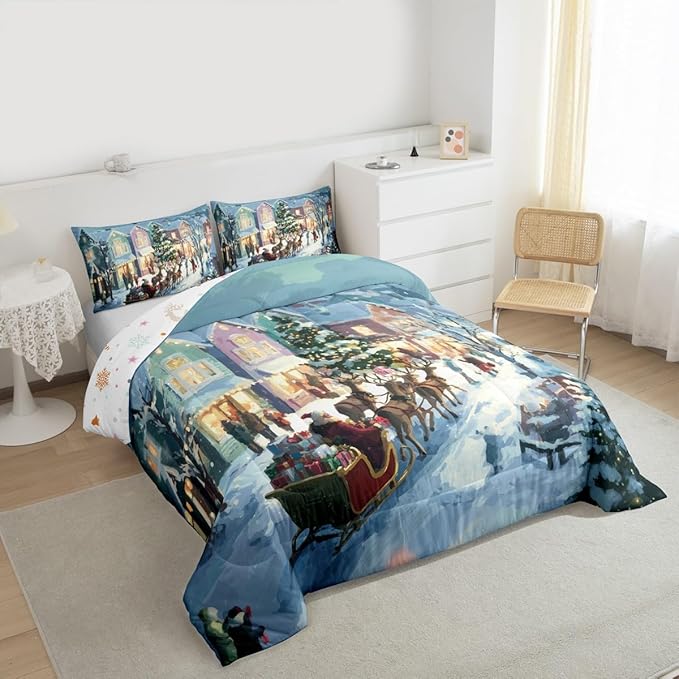 Feelyou Watercolor Christmas Comforter Set Toddler Size Santa Claus Bedding Set for Kids Boys Girls Reindeer Sled Duvet Quilt Xmas Tree Bedroom Decor Microfiber 2 Pcs with 1 Pillow Cases
