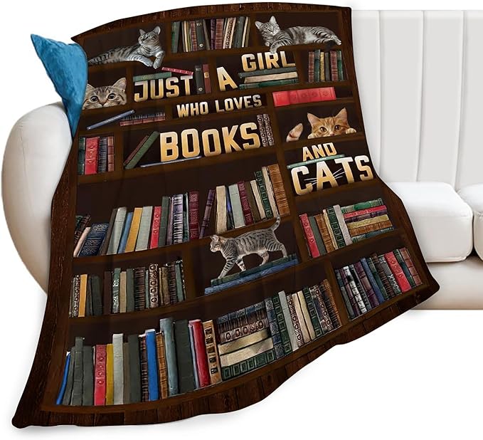 Cute Cat Blanket Just a Girl Who Loves Books and Cats Throw Blankets for Kids Teens Adults Warm Soft Lightweight Plush Funny Animal Print Fleece Flannel Throws Bedding Reading Gifts for Girls 80"x60"