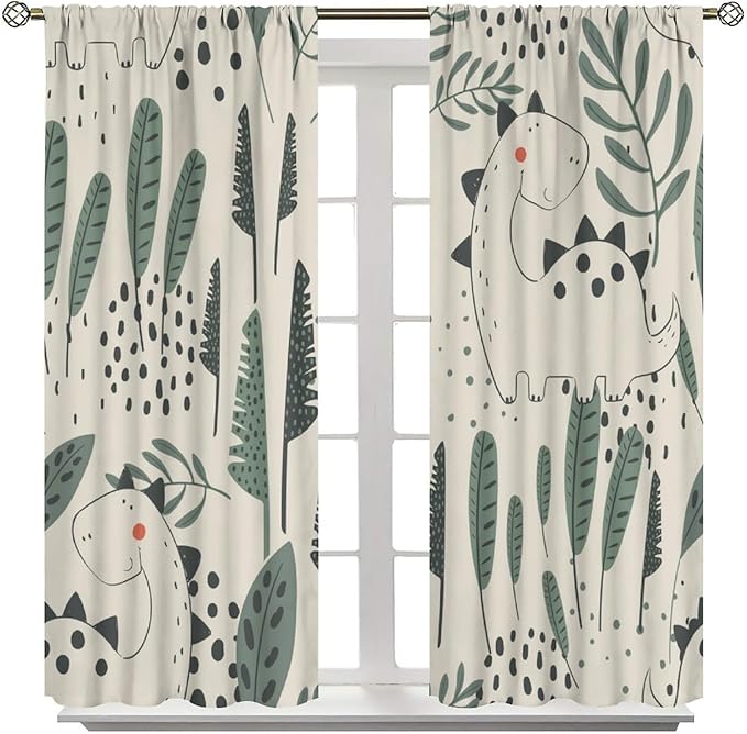 Dinosaur Curtains, Cute Dino Tropical Leaves Plant Beige Green Blackout Window Treatments, Rod Pocket Thermal Insulated Drapes 2 Panel Sets for Children Bedroom Nursery Classroom, 52" W X 84" L