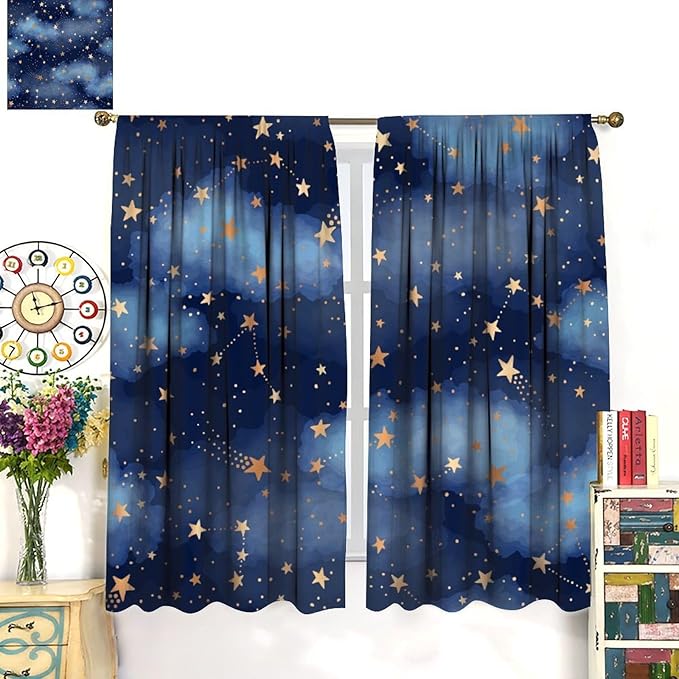 Starry Sky Blackout Curtains, Starry Scenery Blue Night Sky Stars Window Drapes for Kids Boys Girls Bedroom Living Room 55" W X 63" L