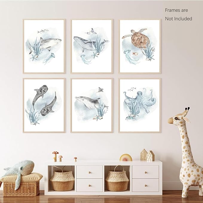 Wodkwq Nursery Wall Art Sea Animal Canvas Prints Baby Girl Boy Room Decor Watercolor Paintings Pictures Cute Ocean Theme Toddler Room Decoration Set of 6 for Kids Bedroom Bathroom 8x10in Unframed
