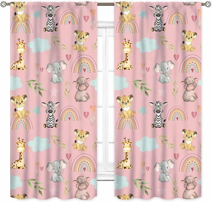 Kids Safari Animals Curtains, Cartoon Giraffe Elephant Monkey Woodland Jungle Pink Window Drapery Treatments for Boys Girls Baby Living Room Bedroom Nursery Classroom 2 Panels, 55"x63" Inch
