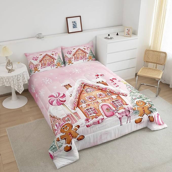 Gingerbread House Kids Comforter Set Toddler Size,Gingerbread Man Xmas Tree Cabin Deer Bedding Set,Girls Women Room Decor,Christmas Snowflake Down Comforter,Pink Brown Duvet Insert,1 Pillowcase
