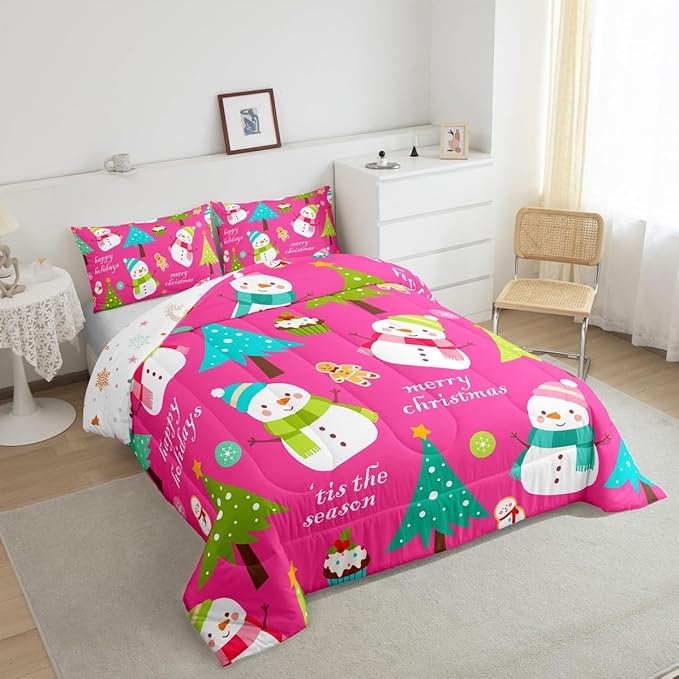 Erosebridal Christmas Kids Comforter Set Cartoon Snowman Quilts for Boys Girls Adults Xmas Tree Bedding Set Cartoon Snowflake Bedroom Decor Duvet Insert Toddler Size