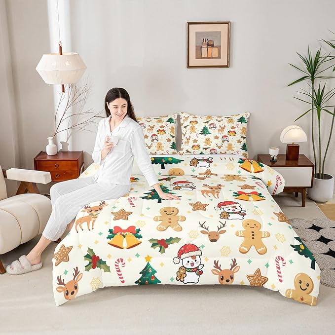 Feelyou Merry Christmas Kids Comforter Set Toddler Size Gingerbread Man Bedding Set Cute Deer Duvet Quilt for Kids Boys Girls Bedroom Christmas Tree Decor Microfiber Ultra Soft Breathable