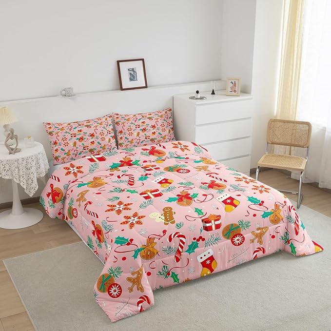 Feelyou Cute Gingerbread Man Bedding Set for Kids Boys Girls King Size Comforter Set Ultra Soft Winter Christmas Comforter Xmas Duvet Quilt Bedroom Decor Christmas Decor Quilt