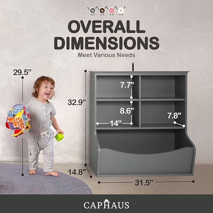 CAPHAUS Kids' Toy Storage Organizer, Open Cubby, Multifunctional Book and Cabinet, Shelf for Nursery, Playroom, Closet, Home Organization Bookcase, E. Grey - 33'' Height