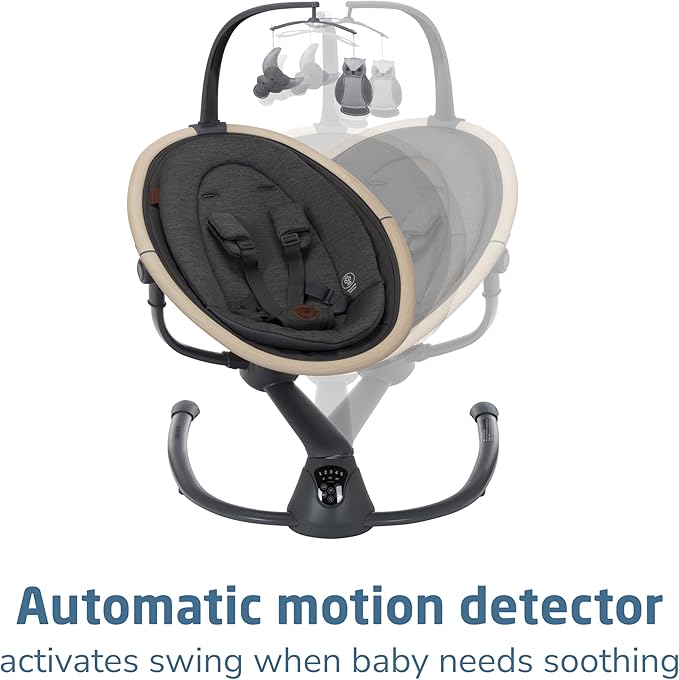 Maxi-Cosi Cassia Smart Baby Swing for Infants, Portable Foldable Swing with Music, 360 Rotation, 5 Speeds, 12 Melodies, EcoCare Fabric, Auto Motion Sensor, 2 Reclines, Classic Graphite