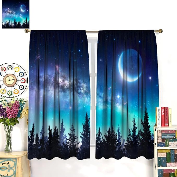 Galaxy Forest Blackout Curtains, Night Starry Sky Stars Moon Aurora Borealis Window Drapes for Bedroom Living Room Home 72" W X 63" L