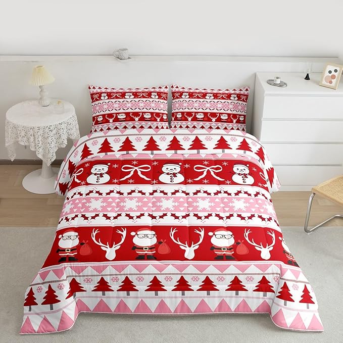 Feelyou Merry Christmas Tree Kids Comforter Set Full Size Cute Snowman Bedding Set Santa Claus Duvet Quilt for Kids Boys Girls Bedroom Cartoon Bowknot Decor Microfiber Ultra Soft Breathable