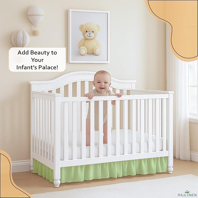 Rajlinen Ruffled Crib Bed Skirt, Microfiber, Dust Ruffle with Split Corners, 14" Drop, Nursery Toddler Bedding for Baby Boys or Girls, Sage