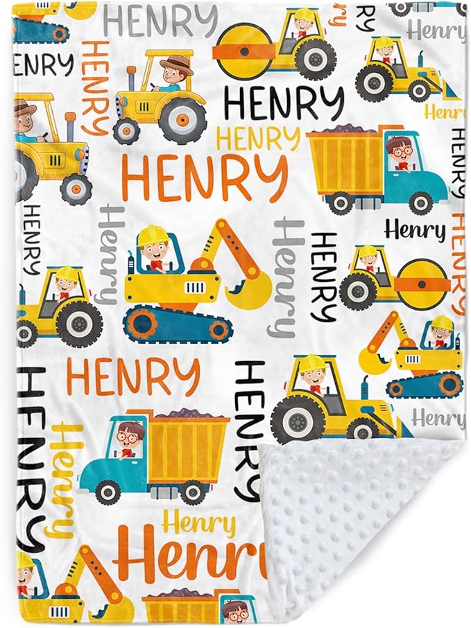 Personalized Baby Blankets for Boys, Custom Name Blanket Birthday Gift for Kid, Soft Flannel Blanket with Dotted Backing for Infants Toddlers, Customized Gifts, Yellow Truck(60" x80)