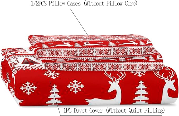 LUVIVIHOME 3PCS Christmas Duvet Cover Full Bedding Set, Red Duvet Cover, White Reindeer Snowflake Christmas Tree Winter Holiday New Year Xmas Striped Comforter Quilt, 2 Pillow Shams