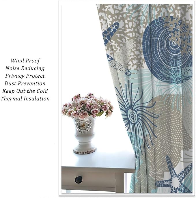 Shell Blackout Curtains Beach Shells Marine Life Water Grass Pattern Printed Curtains Suitable for Living Room Bedroom Privacy Curtains 55x63 Inches