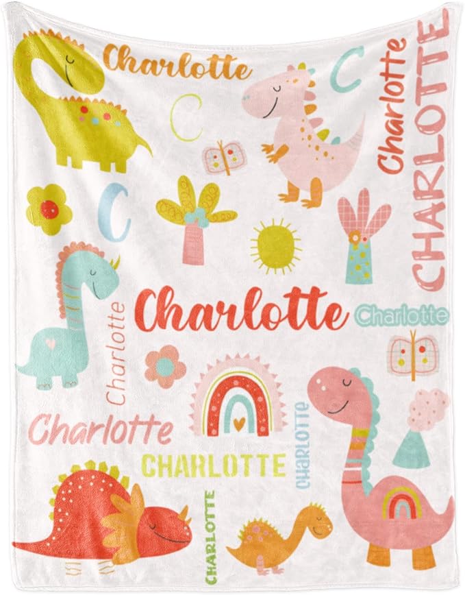 Personalized Dinosaur Blanket with Name for Girl, Custom Name Blanket for Kids, Soft Flannel Pink Dinosaur Toddler Blanket Customized Gift for Birthday Christmas Baby Shower Newborn Gift 30" X 40"