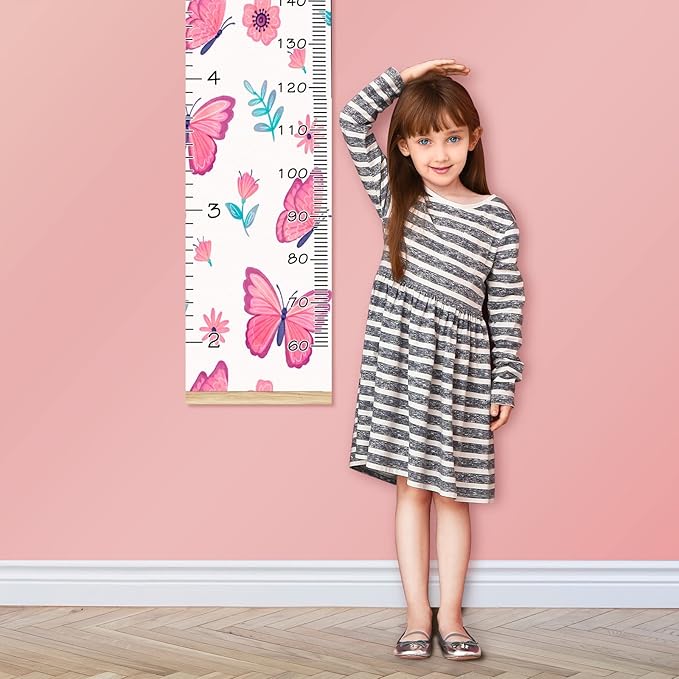 Personalized Kids Name Growth Chart Ruler for Wall Wood Frame Height Measure Chart 13.4x56 in Linen Hanging Height Growth Chart Pink Butterfly & Flower Kids Room Decor