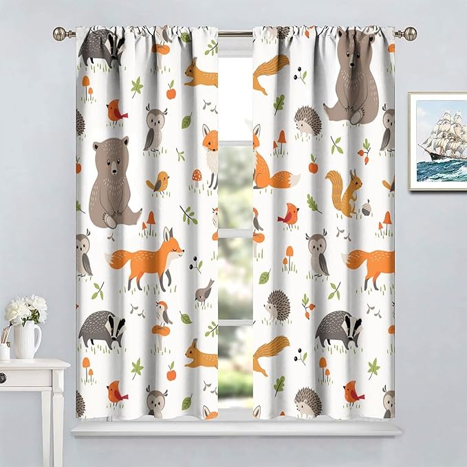 Forest Animal Curtains for Kids, Cartoon Safari Woodland Animals Window Treatments Cute Wild Jungle Bear Fox Deer Bear Window Drapes for Girls Boys Nursery Toddler Bedroom 72x63in