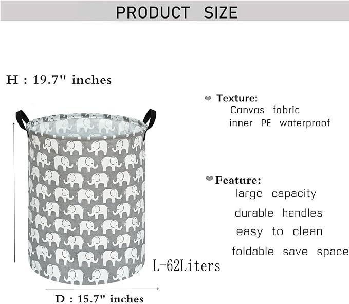 KUNRO Round Laundry Gift Basket Storage Hamper, Kids Toys and Clothes Storage Organizer Bins, Toy Shelf Basket with Handles for Room Decor (Elephant)