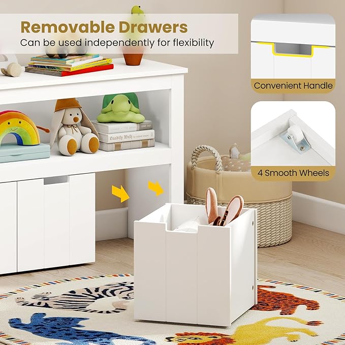 Costzon Toy Storage Organizer w/Drawers, Wooden Toy Shelf with 3 Removable Drawers, Rolling Wheels & Large Open Shelf, 2 Shelf Toy Cupborad for Kids Room, Playroom, Kindergarten, Nursery (White)