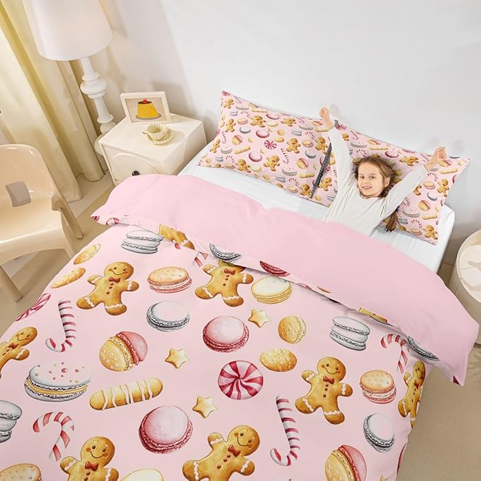 Feelyou Christmas Duvet Cover King Size Cute Christmas Gingerbread Man Comforter Cover for Boys Girls Xmas Sweet Macarons Bedding Set 3Pcs Reversible Pink Room Decor