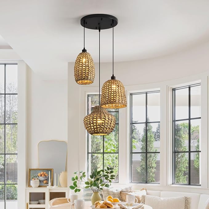 3-Light Rattan Chandelier, Boho Wicker Pendant Light Fixtures,Coastal Hand-Woven Ceiling Hanging Lights for Kitchen Island Dining Room Bedroom Farmhouse