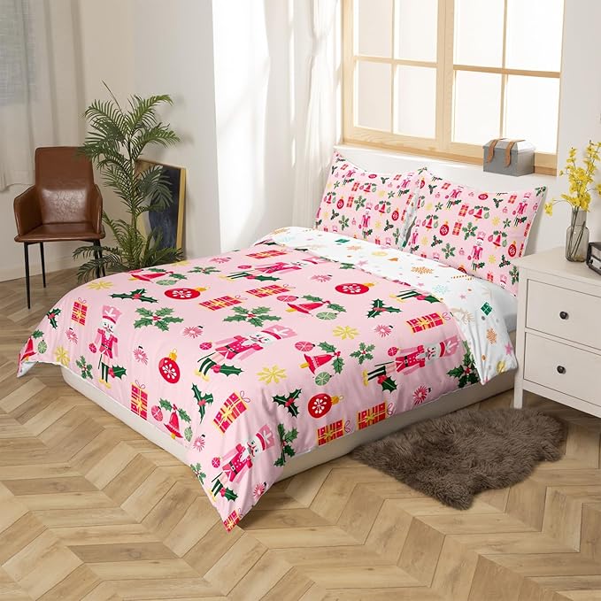Feelyou Christmas Pink Nutcracker Comforter Cover Twin Size Cute Royal Guarder Duvet Cover Xmas Snowflake Bedding Set Gifts for Kids Boys Girls Decor 1 Pillow Case Pink