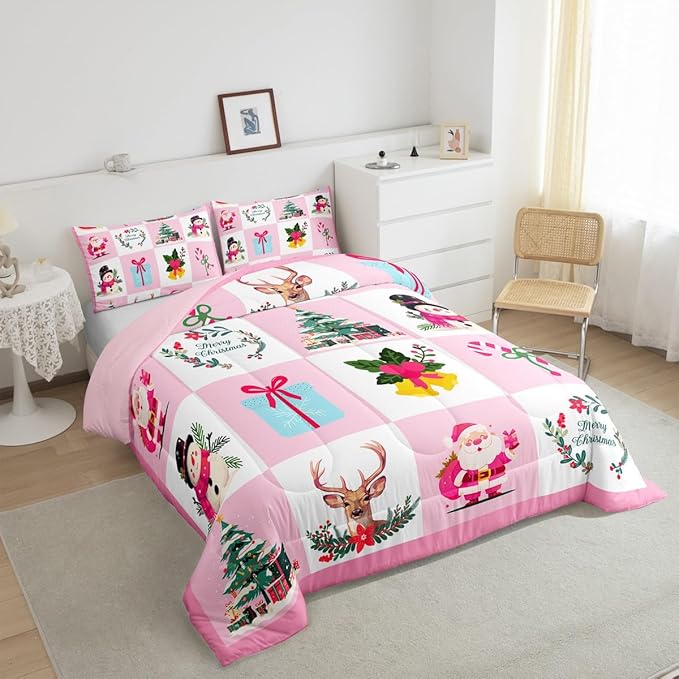Erosebridal Merry Christmas Comforter Set for Kids Christmas Tree Quilt Toddler Size with 1 Pillow Case Santa Claus Xmas Decor Bedding Set Kawaii Snowman Bedding Comforter Sets,Pink